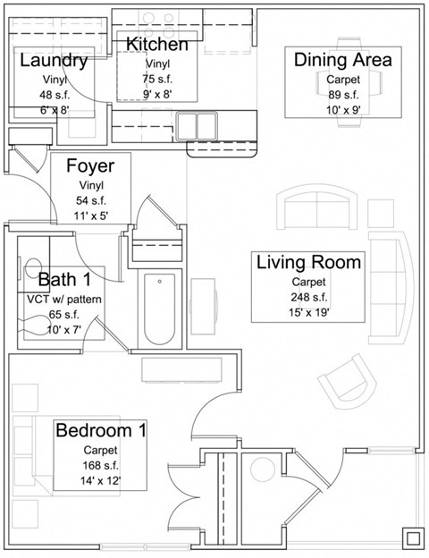 Floor plan for 1 bed, 1 bath, 786 sqft